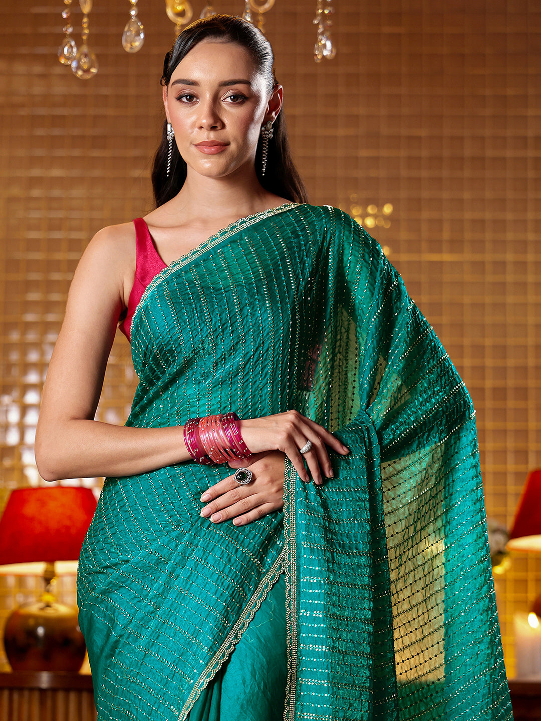 Libas Green Embellished Tissue Saree
