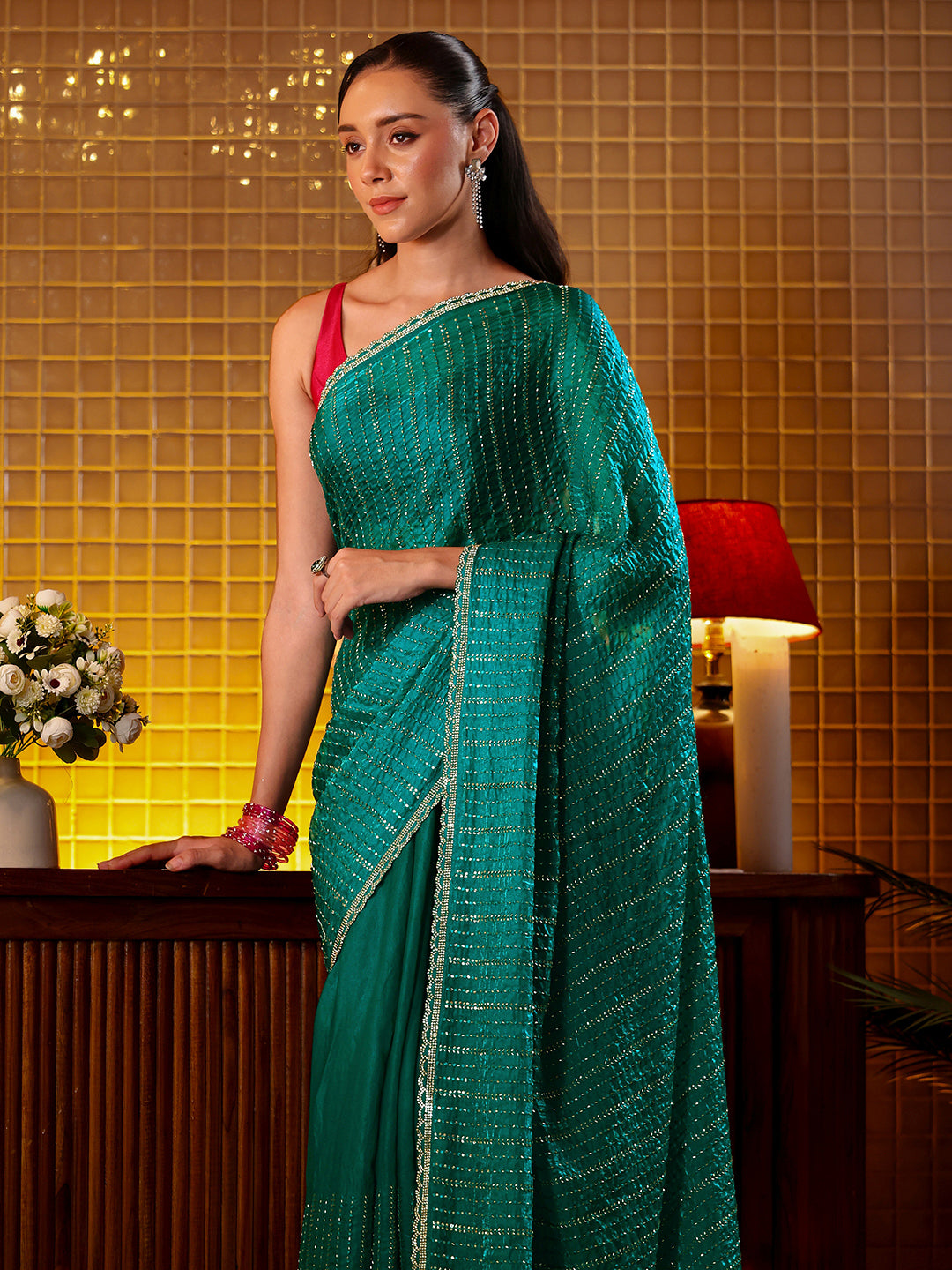 Green Embellished Tissue Saree