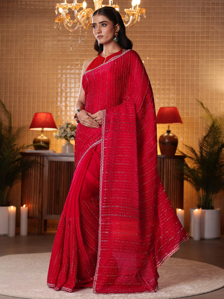 Libas Red Striped Embellished Tissue Saree