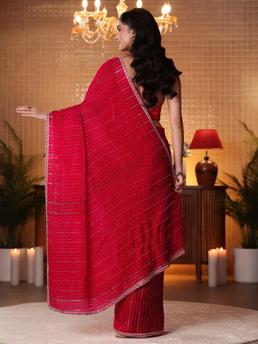 Libas Red Striped Embellished Tissue Saree