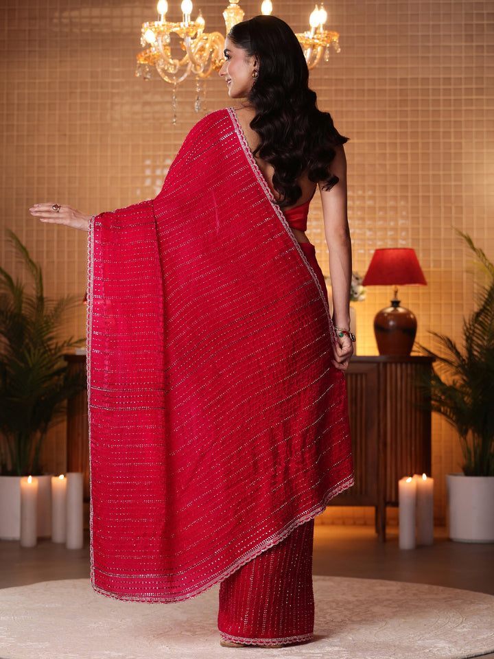 Libas Red Striped Embellished Tissue Saree