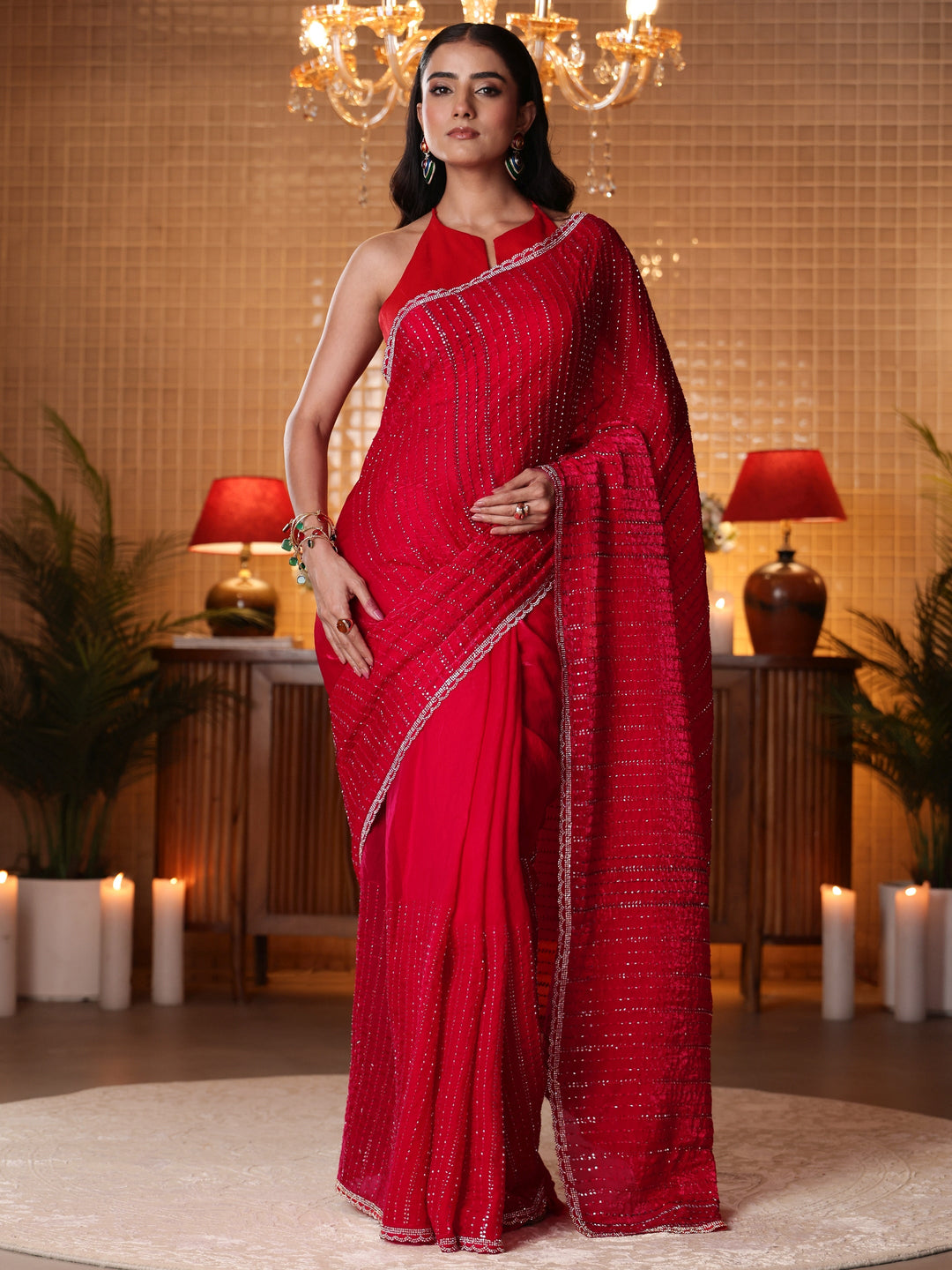 Libas Red Striped Embellished Tissue Saree