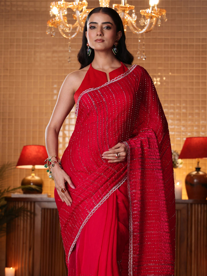 Libas Red Striped Embellished Tissue Saree