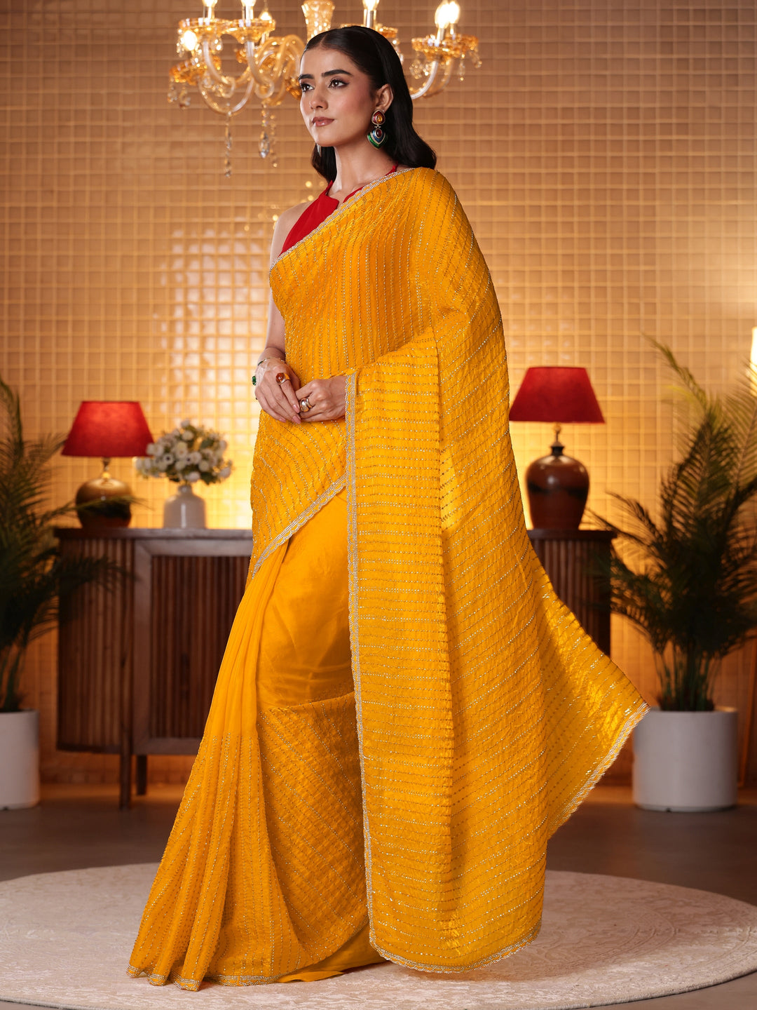 Libas Mustard Striped Embellished Tissue Saree