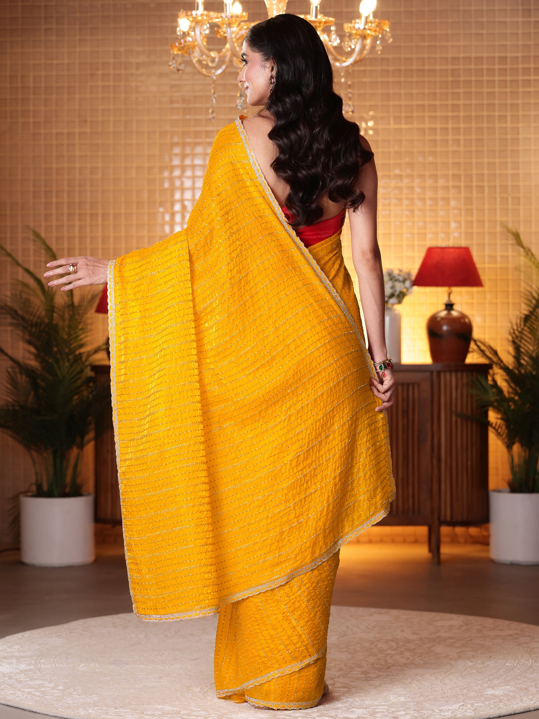 Libas Mustard Striped Embellished Tissue Saree