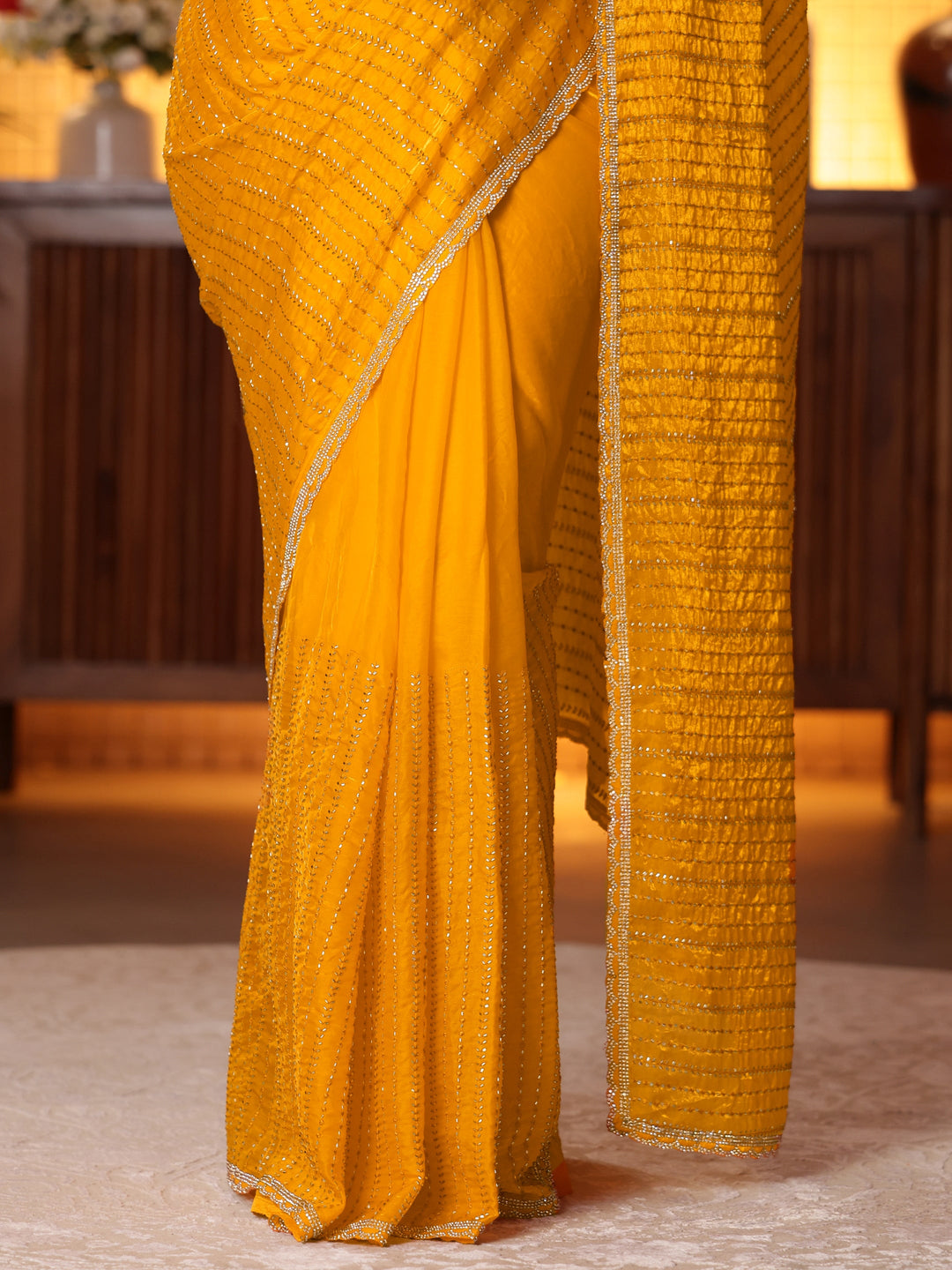 Libas Mustard Striped Embellished Tissue Saree