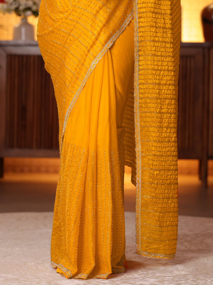 Libas Mustard Striped Embellished Tissue Saree