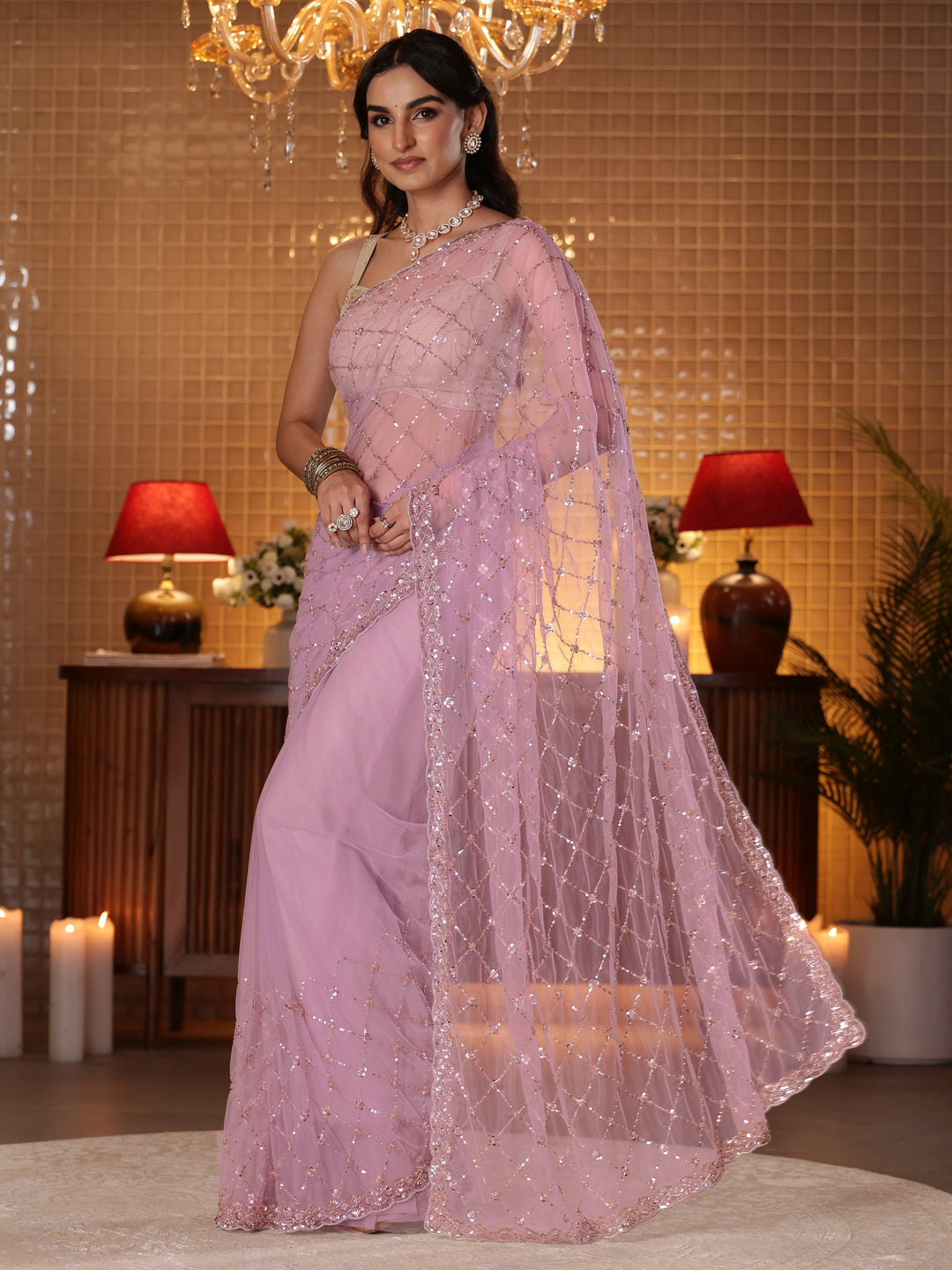 Libas Lavender Embellished Net Saree