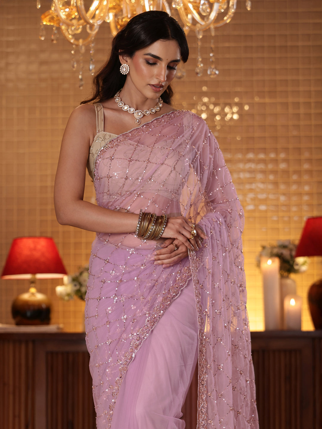 Libas Lavender Embellished Net Saree