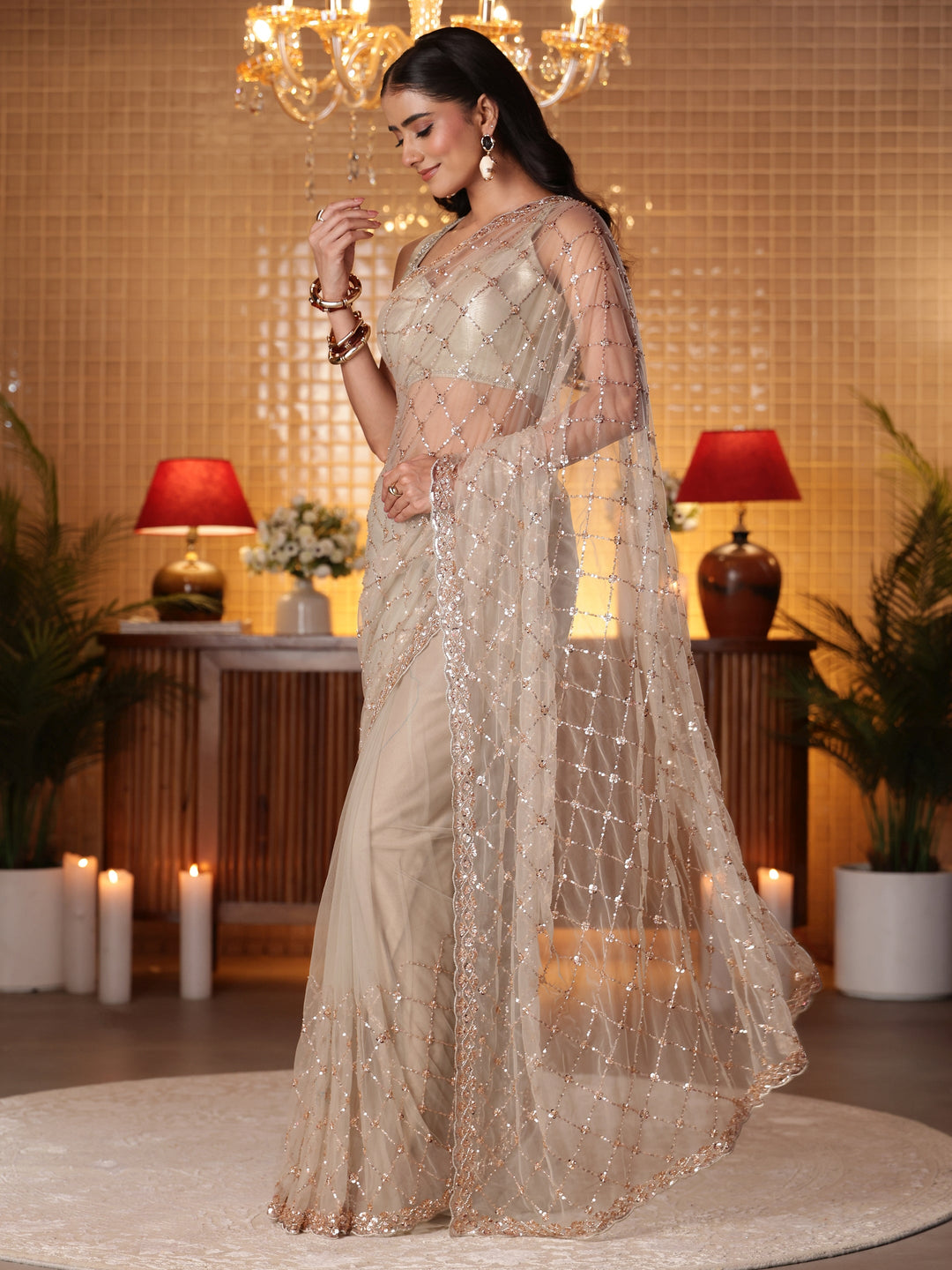 Libas Taupe Embellished Net Saree
