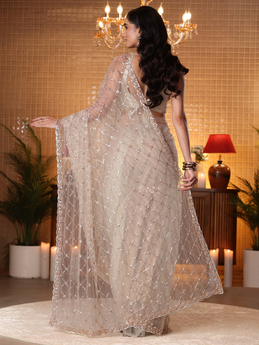 Libas Taupe Embellished Net Saree