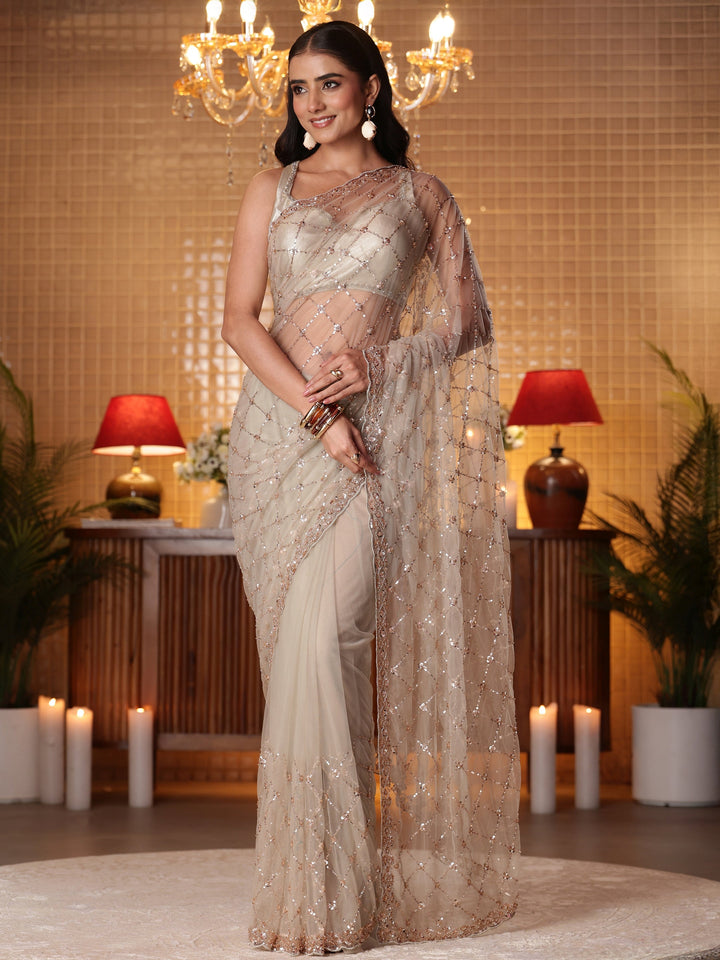 Libas Taupe Embellished Net Saree