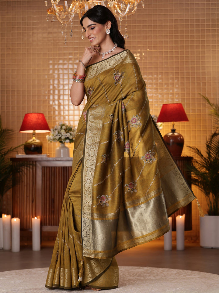 Libas Mustard Floral Embroidered Silk Blend Saree