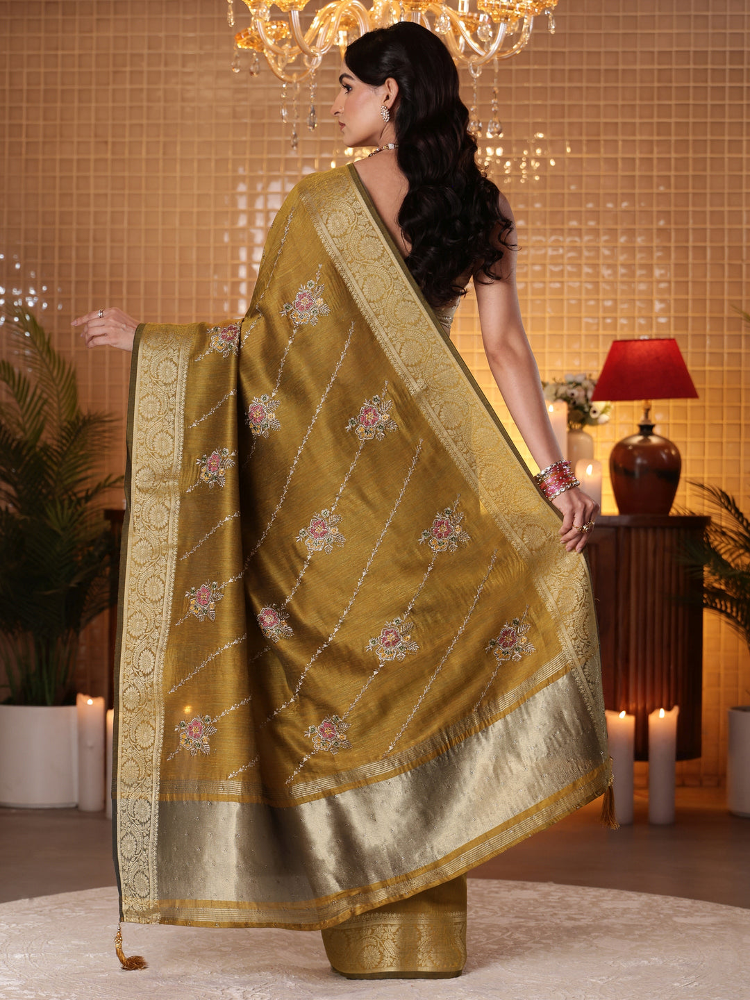 Libas Mustard Floral Embroidered Silk Blend Saree