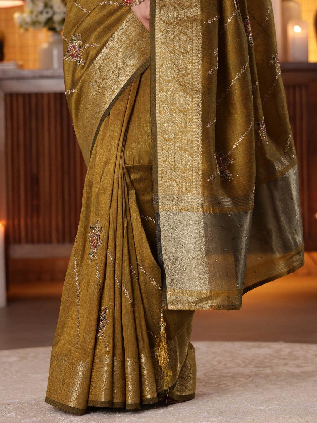 Libas Mustard Floral Embroidered Silk Blend Saree
