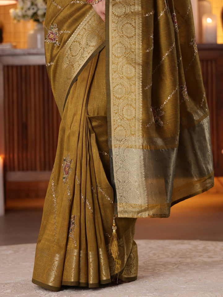 Libas Mustard Floral Embroidered Silk Blend Saree