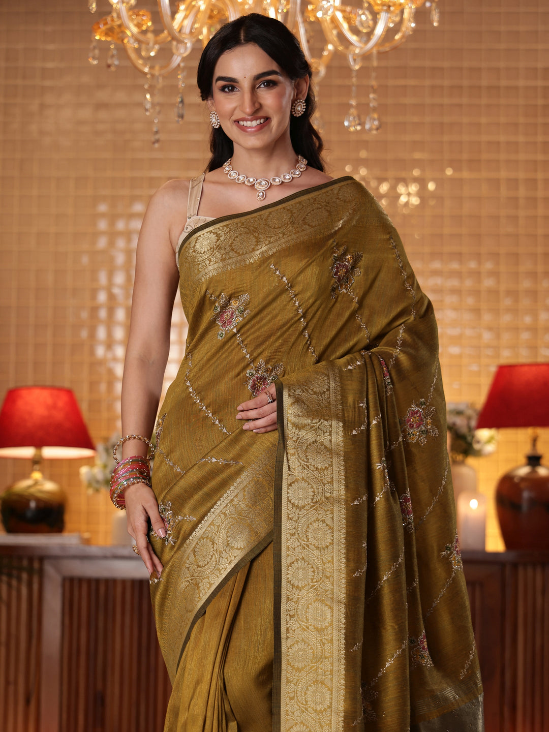 Libas Mustard Floral Embroidered Silk Blend Saree