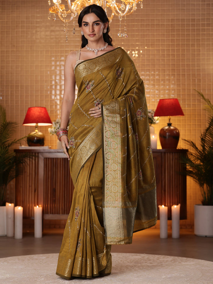 Libas Mustard Floral Embroidered Silk Blend Saree