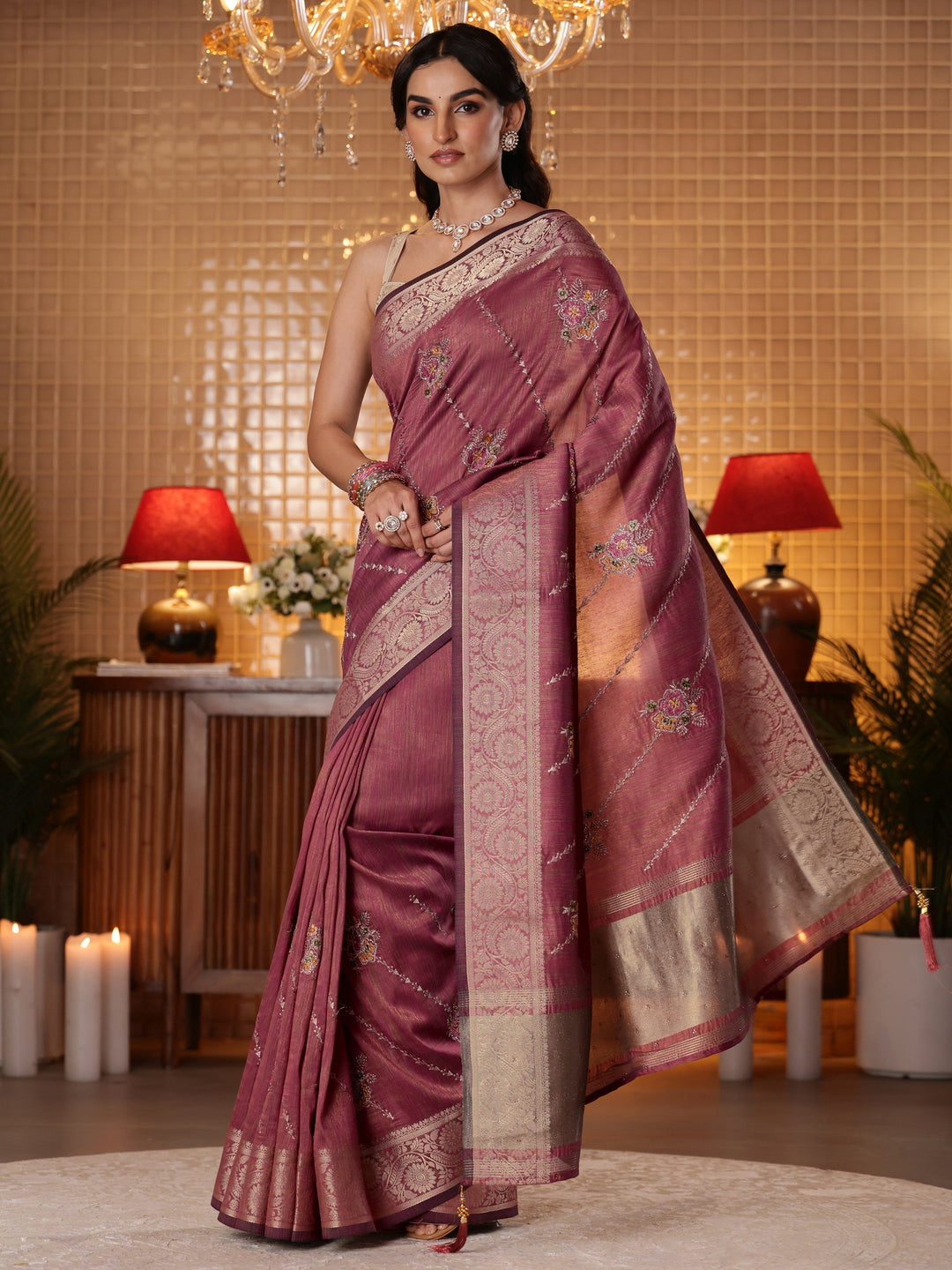 Libas Mauve Floral Embroidered Silk Blend Saree