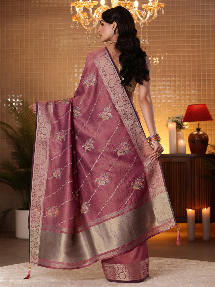 Libas Mauve Floral Embroidered Silk Blend Saree