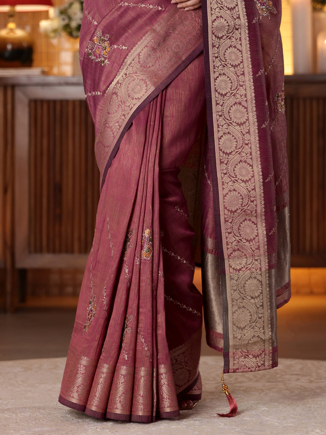 Libas Mauve Floral Embroidered Silk Blend Saree
