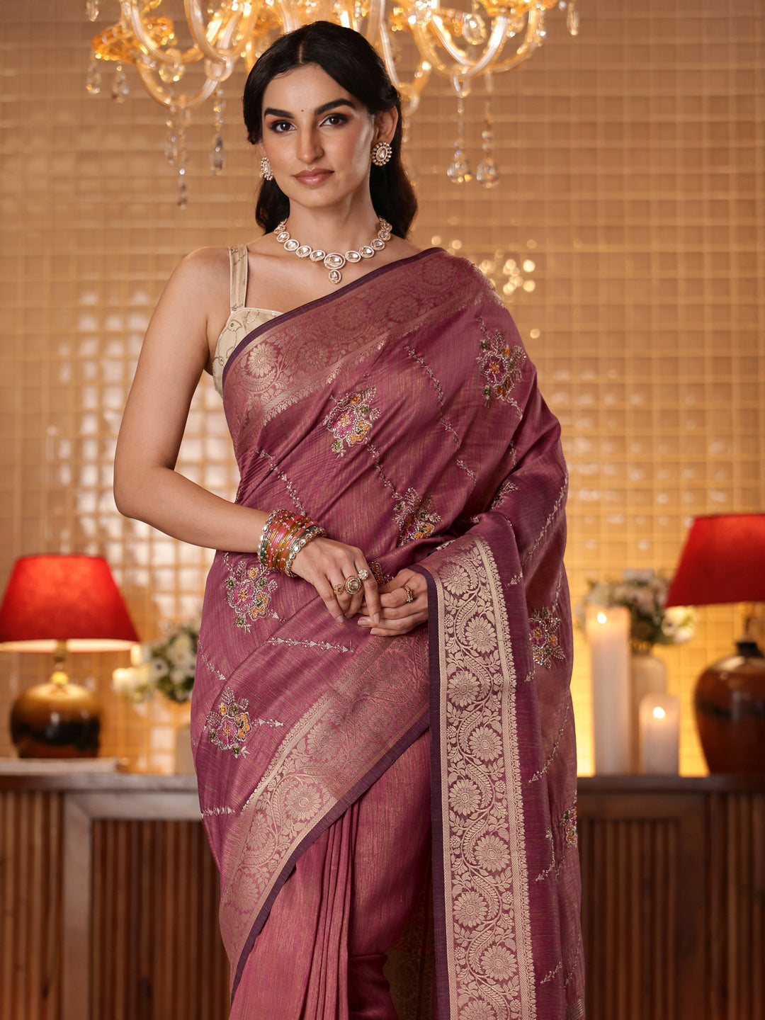 Libas Mauve Floral Embroidered Silk Blend Saree
