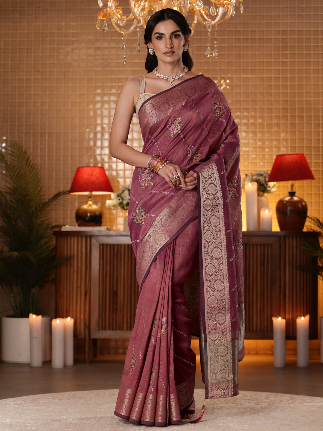 Libas Mauve Floral Embroidered Silk Blend Saree