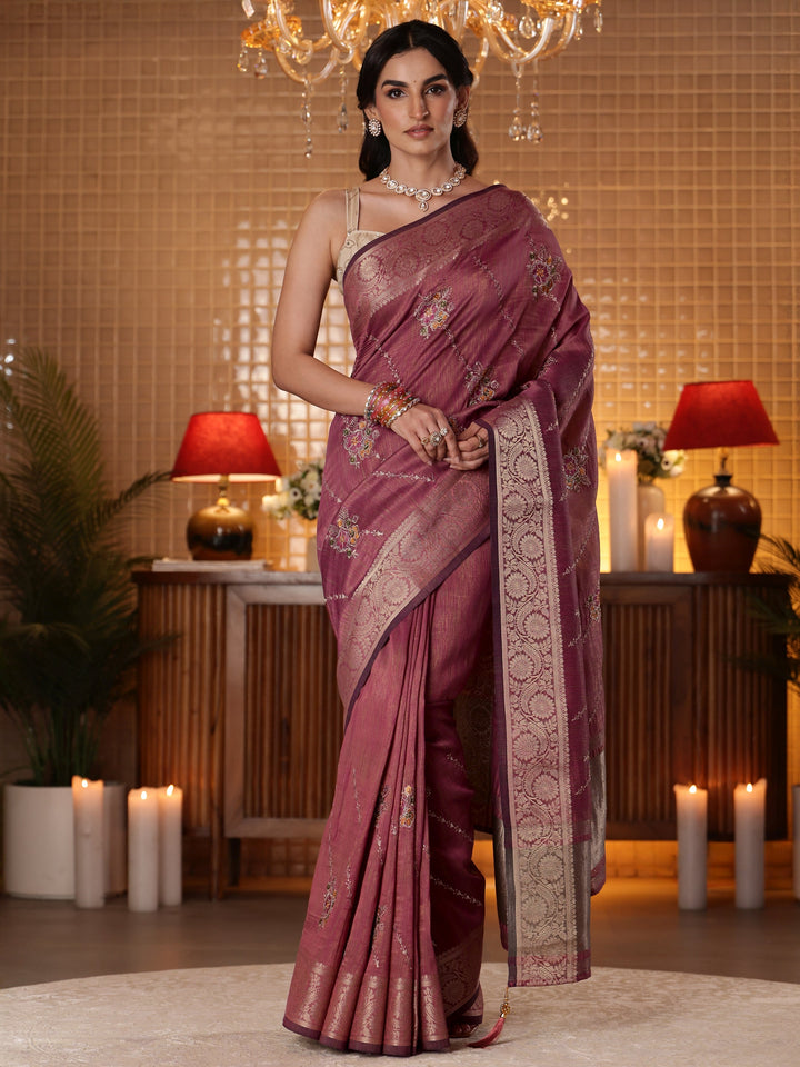 Libas Mauve Floral Embroidered Silk Blend Saree