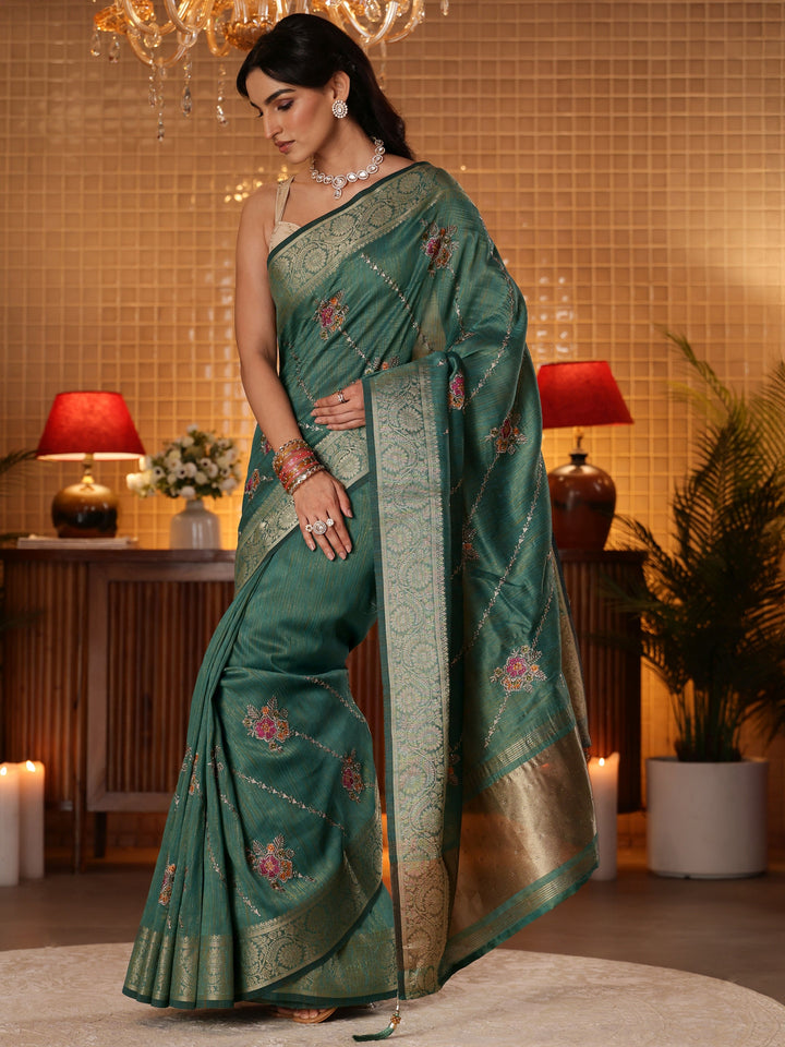Libas Green Floral Embroidered Silk Blend Saree