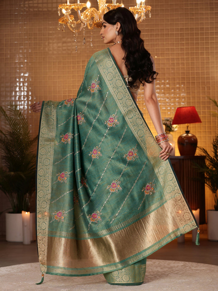 Libas Green Floral Embroidered Silk Blend Saree