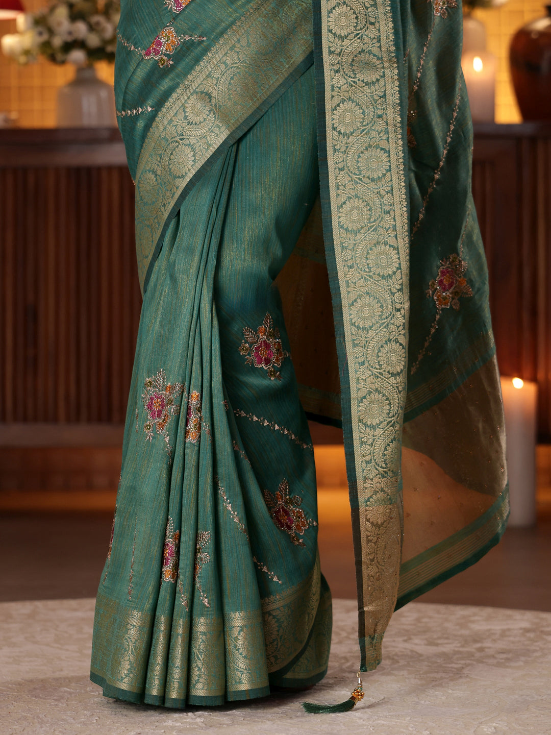 Libas Green Floral Embroidered Silk Blend Saree
