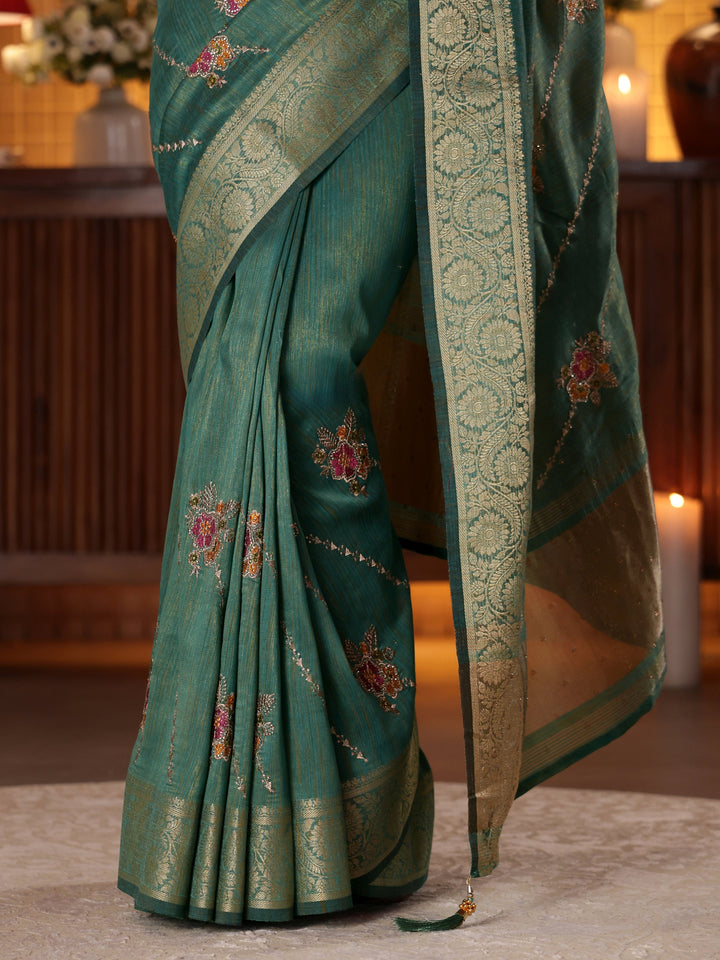 Libas Green Floral Embroidered Silk Blend Saree