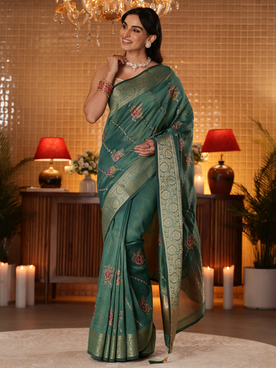 Libas Green Floral Embroidered Silk Blend Saree