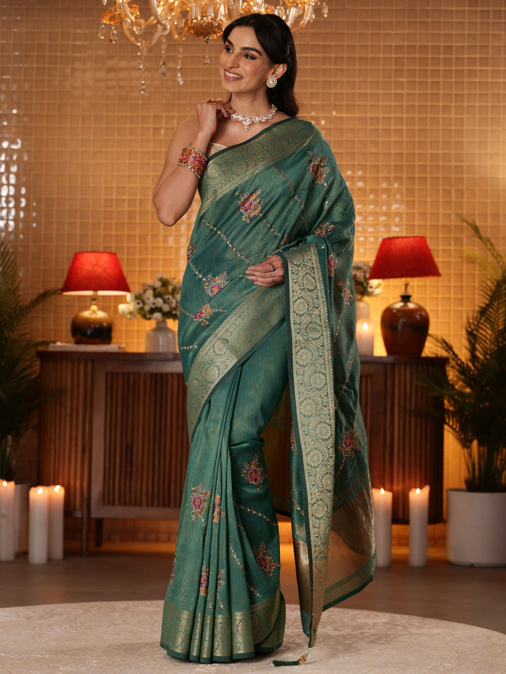 Libas Green Floral Embroidered Silk Blend Saree