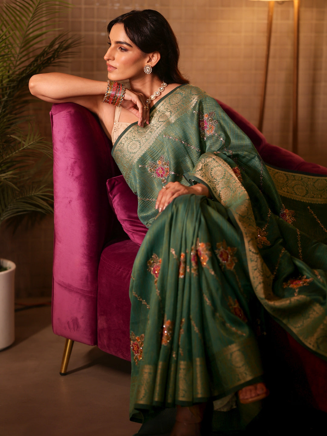 Libas Green Floral Embroidered Silk Blend Saree
