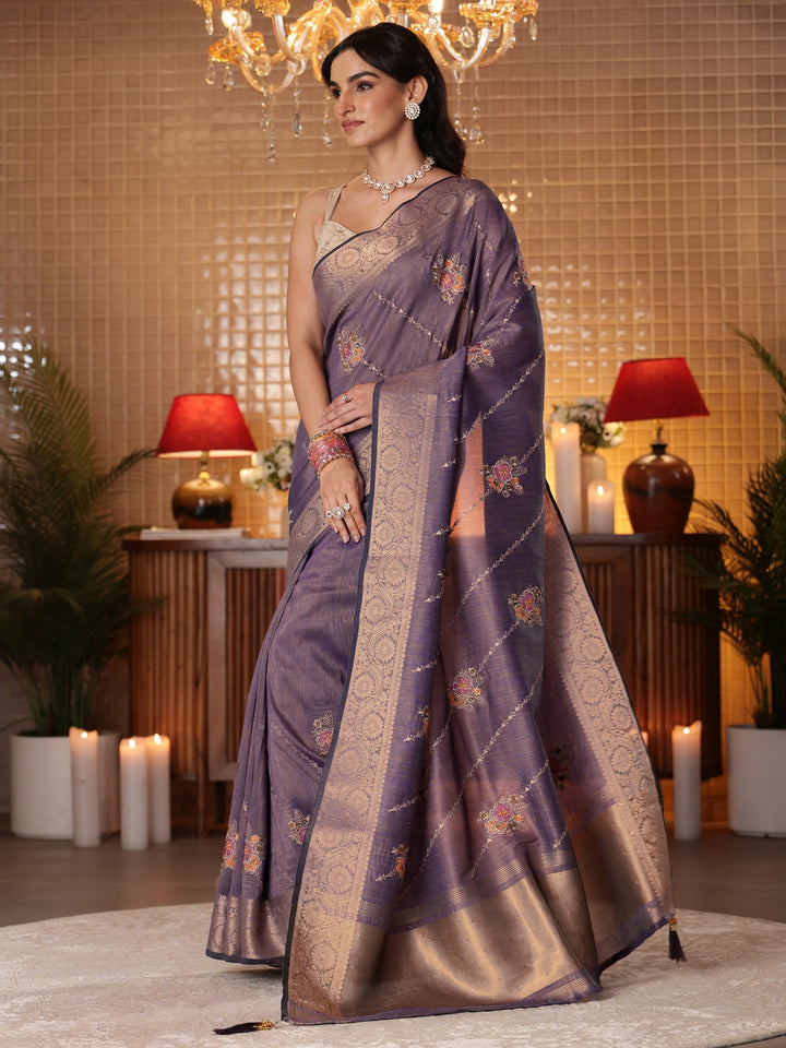 Libas Lavender Floral Embroidered Silk Blend Saree