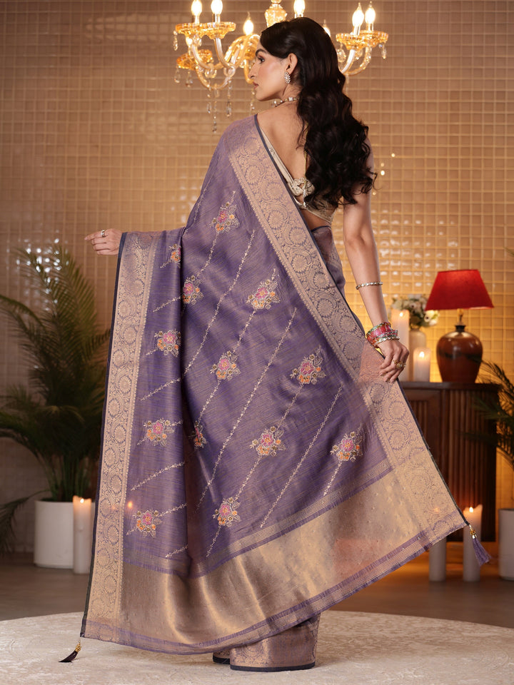 Libas Lavender Floral Embroidered Silk Blend Saree