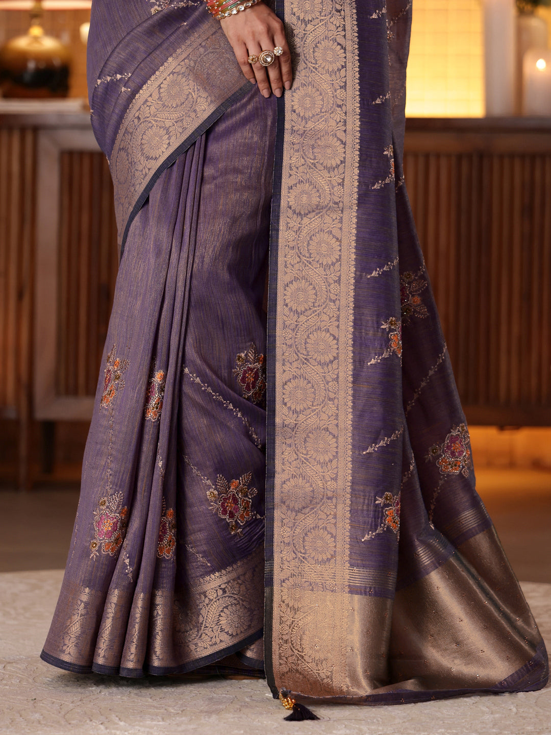 Libas Lavender Floral Embroidered Silk Blend Saree