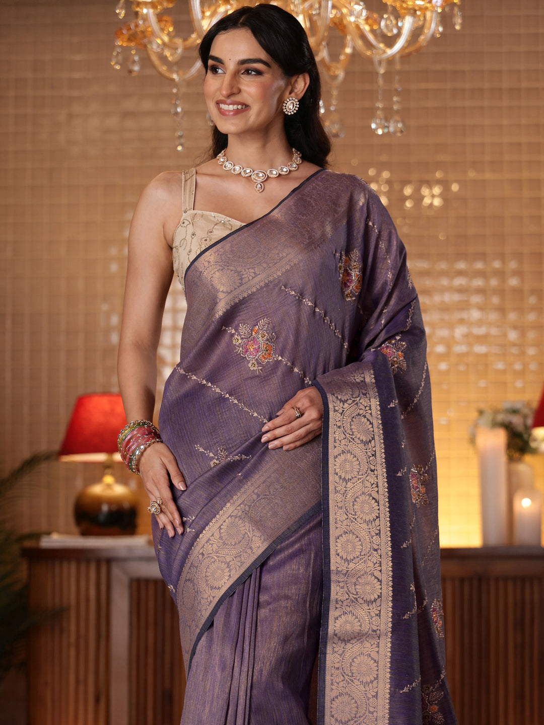 Libas Lavender Floral Embroidered Silk Blend Saree