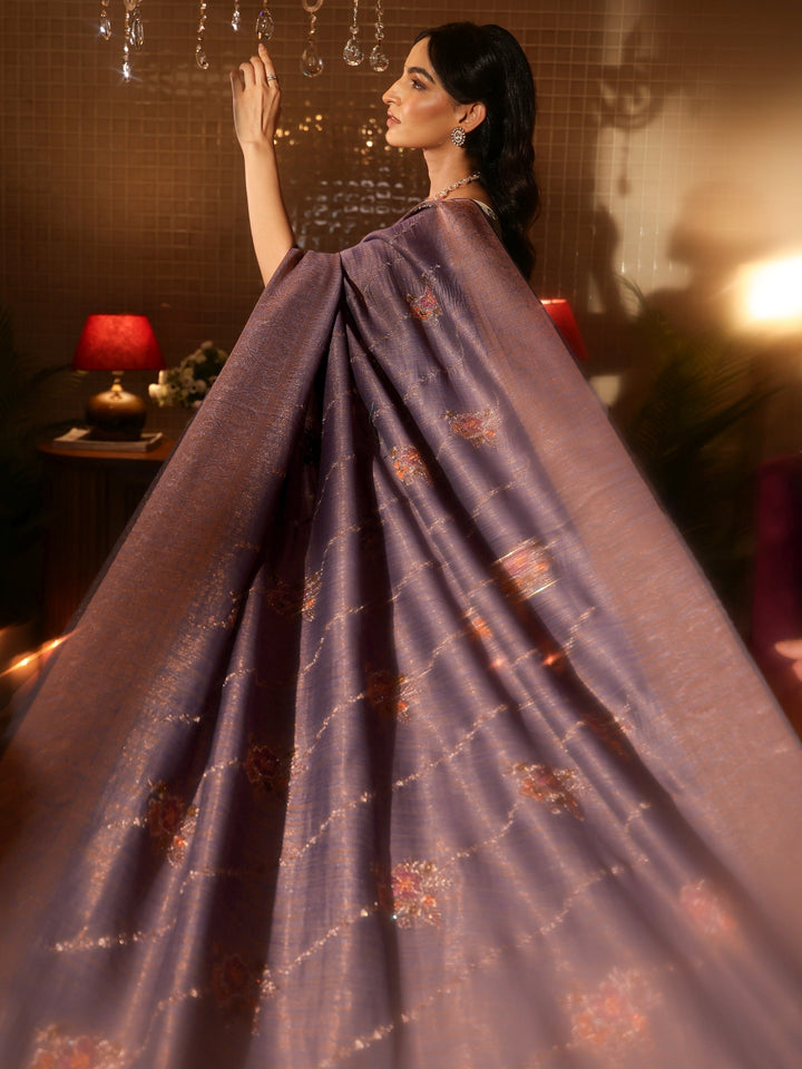 Libas Lavender Floral Embroidered Silk Blend Saree