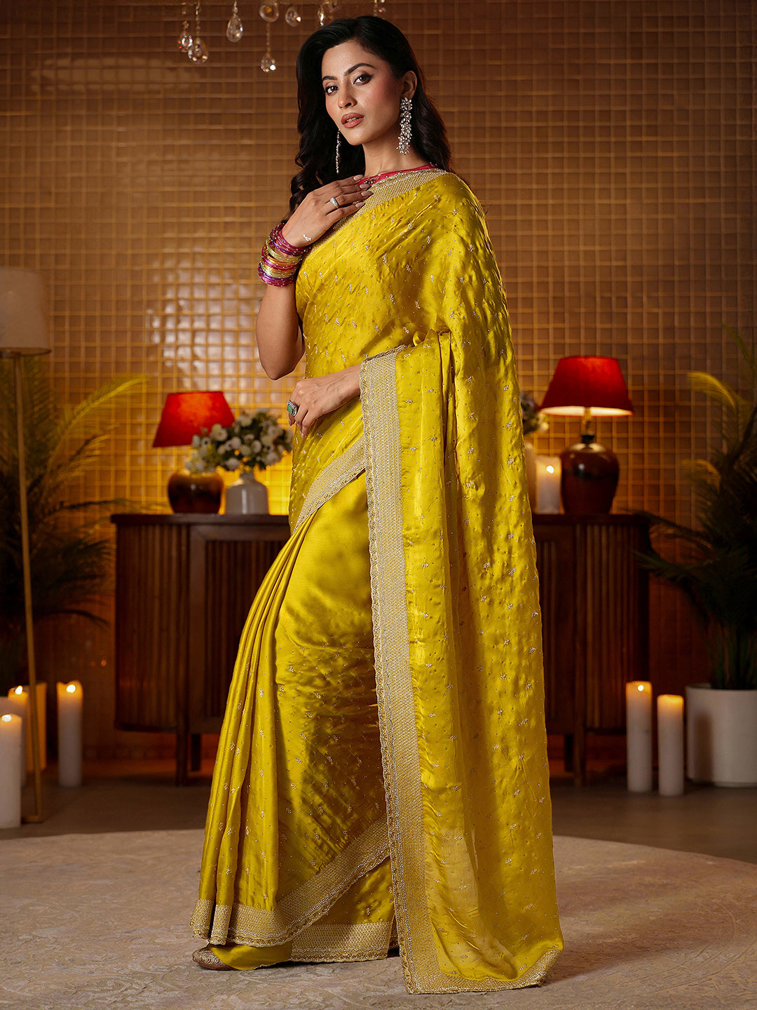 Libas Mustard Embellished Chiffon Saree