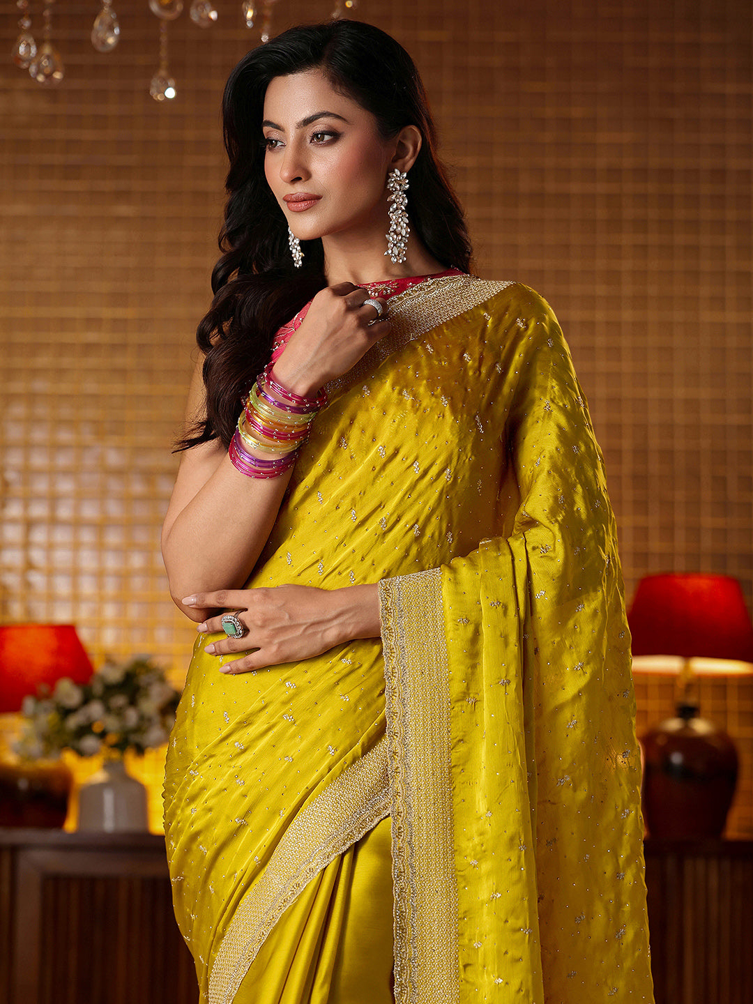 Libas Mustard Embellished Chiffon Saree