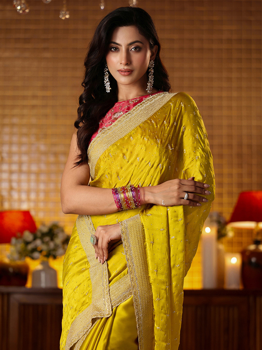 Libas Mustard Embellished Chiffon Saree