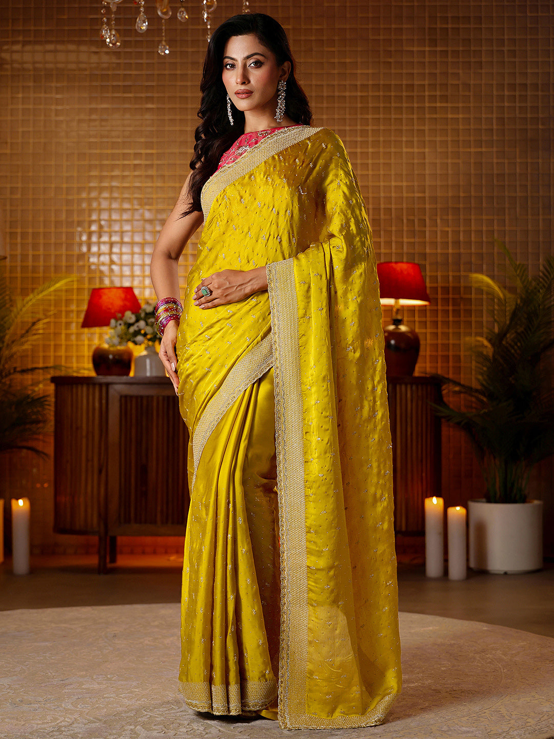 Mustard Embellished Chiffon Saree