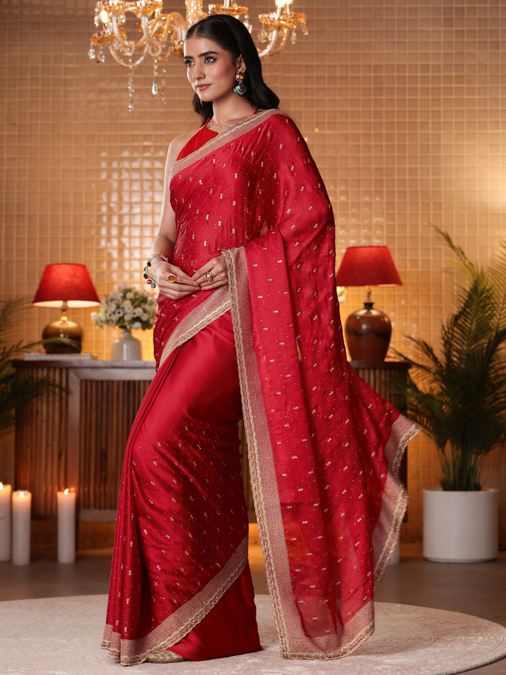 Libas Red Embellished Chiffon Saree