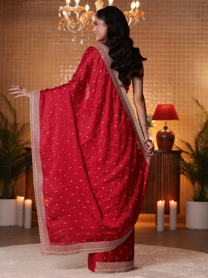 Libas Red Embellished Chiffon Saree