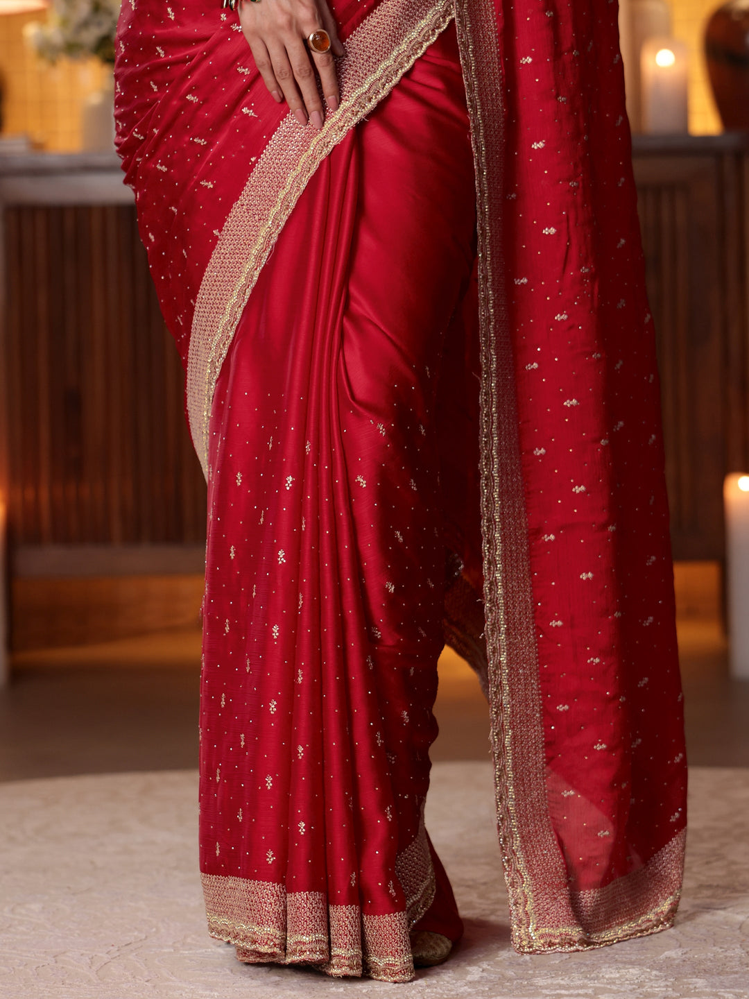 Libas Red Embellished Chiffon Saree