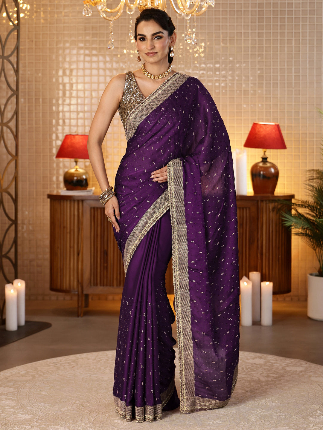 Libas Burgundy Embellished Chiffon Saree