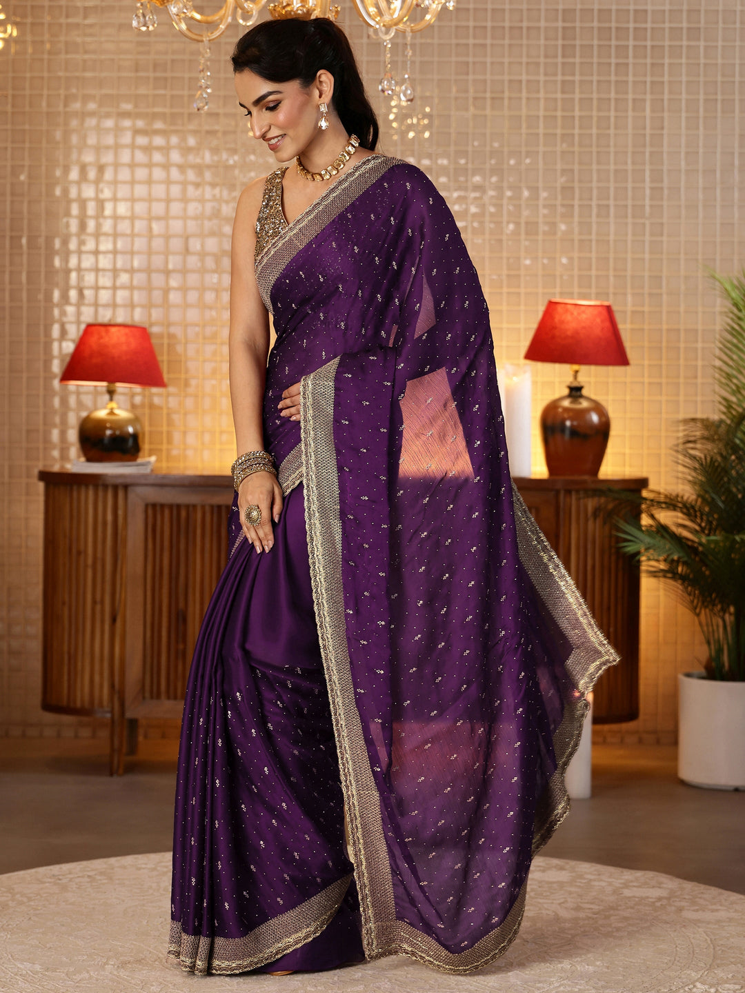 Libas Burgundy Embellished Chiffon Saree