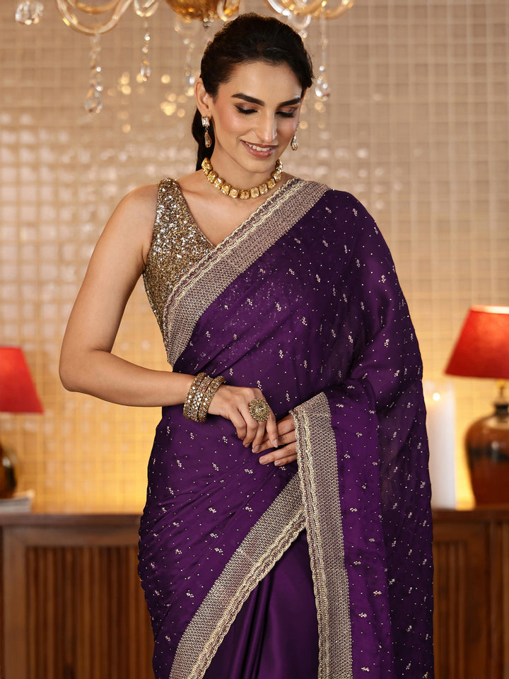 Libas Burgundy Embellished Chiffon Saree